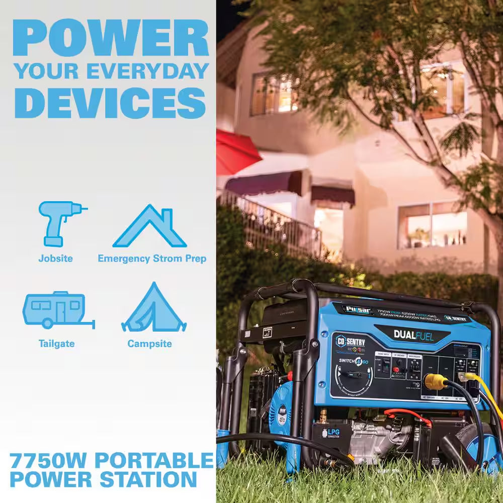 7,750/6,250 -Watt Dual-Fuel Gasoline and Propane with Push to Start Portable Home Power Generator, CO Shutoff