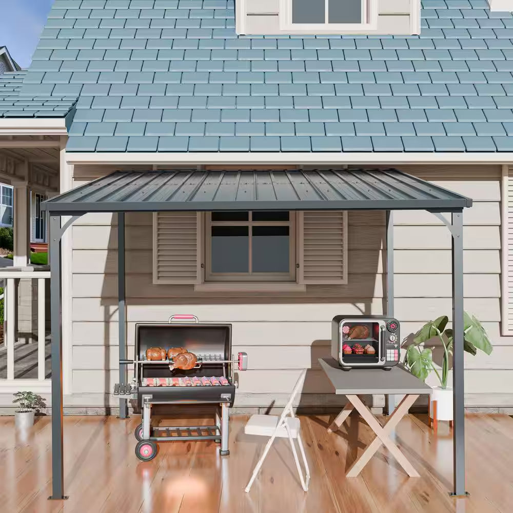 8 Ft. X 10 Ft. Lean to Gazebo, Wall Mounted Gazebos Pergola, Galvanized Steel Roof for Deck, Porch, Backy