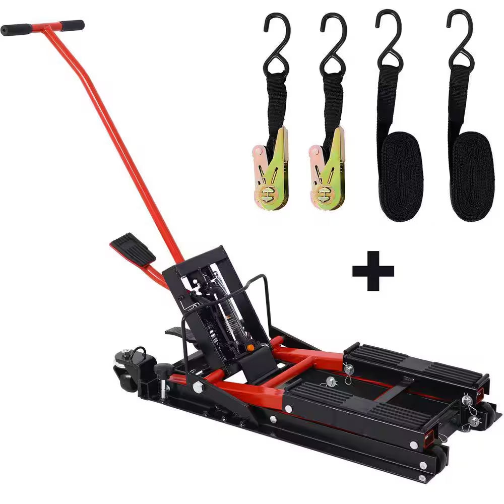 Hydraulic Motorcycle Lift Jack, 1500 Lbs. Capacity, Portable Motorcycle Lift Table W/ 4 Wheels, Hydraulic Foot-Operated