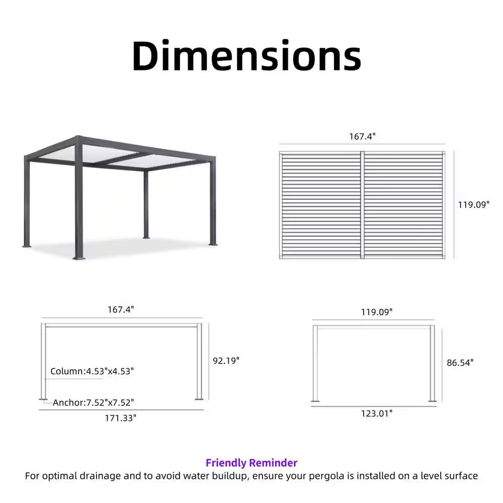 10.2 Ft. X 14.2 Ft. Gray Aluminum Outdoor Louvered Pergola with White Adjustable Roofs and String Lights