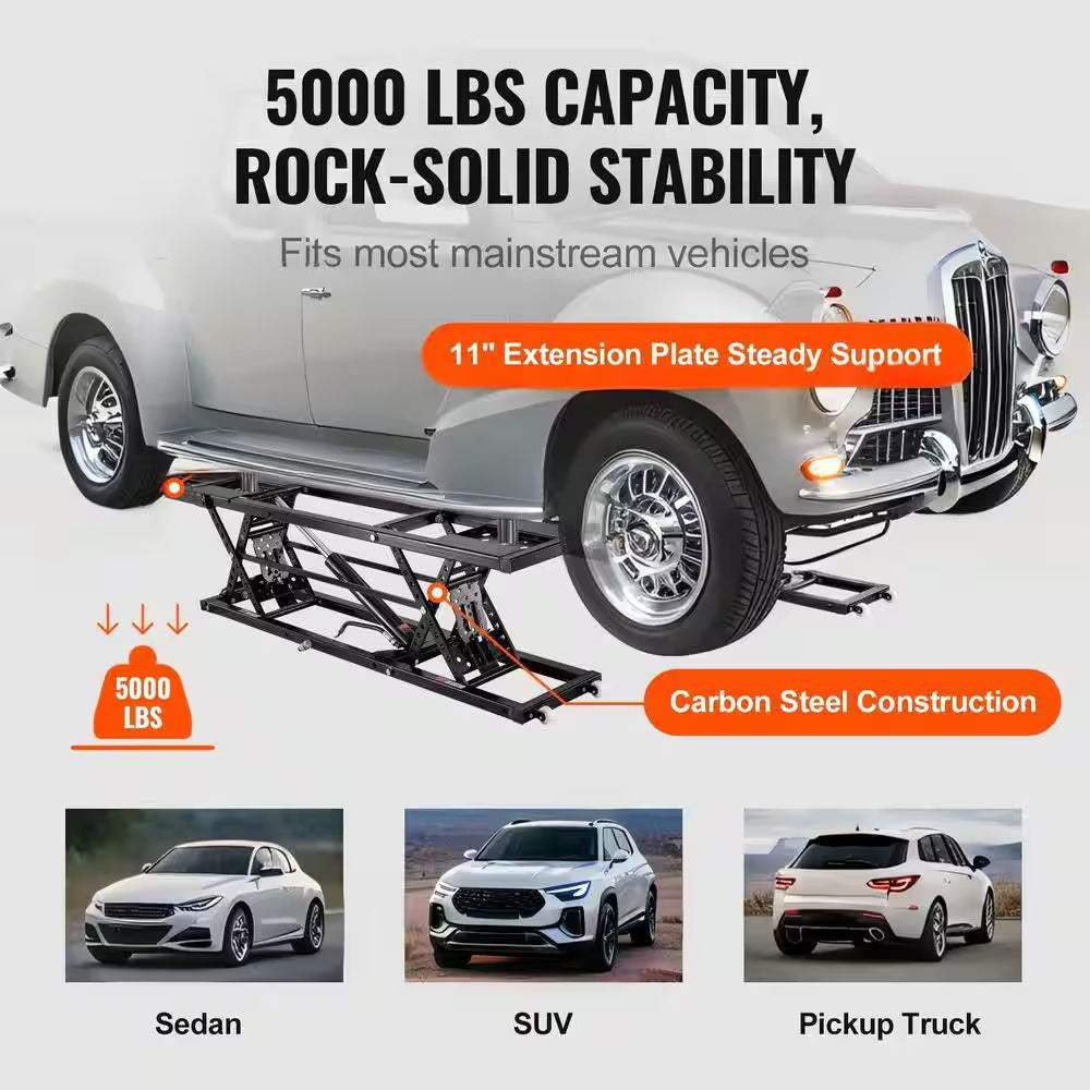 Car Lift, 25.6 In. Max. Height, 5,000 Lbs. Capacity Portable Car Lift, with Extended-Length Plates, Carbon Steel