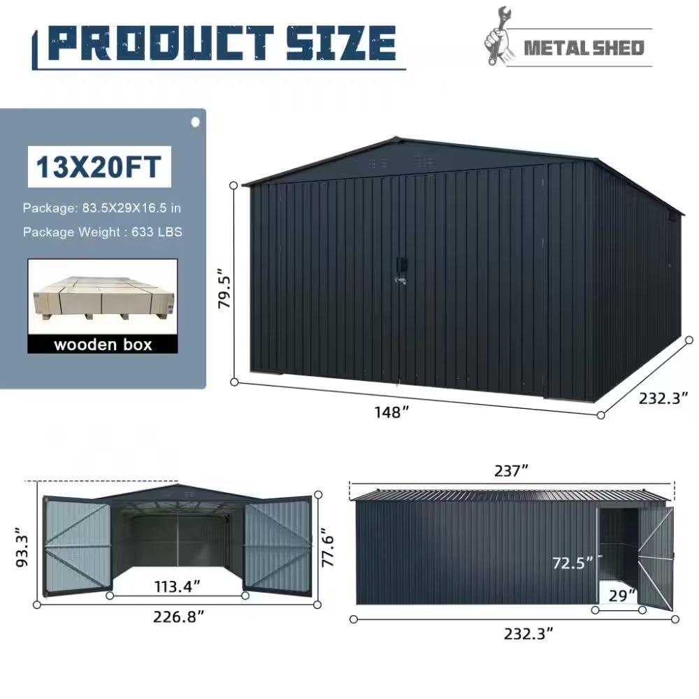20X13 FT. Black Metal Outdoor Storage Shed Utility Tool House with 2 Doors and 4 Vents