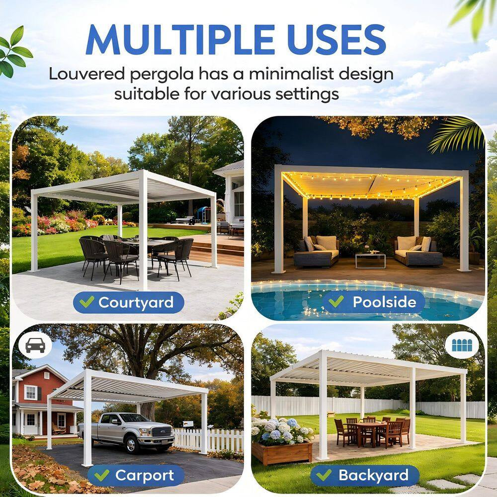 Elizabeth Outdoor 12 Ft. X 14 Ft. White Aluminum Louvered Pergola with Water-Tight Adjustable Rainproof Roof