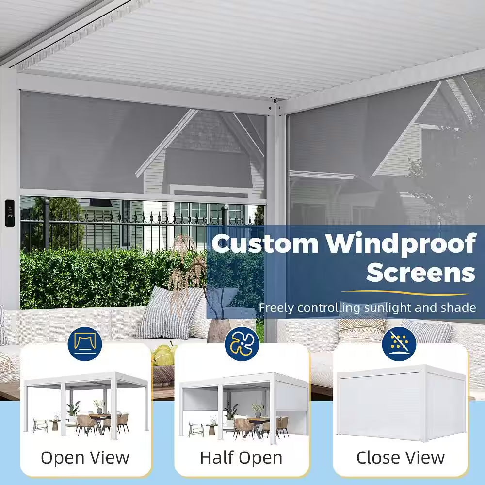 12 Ft. X 16 Ft. White Outdoor Pergola with LED Lights, Aluminum Gazebo with Motorized Louvers and Side Screens