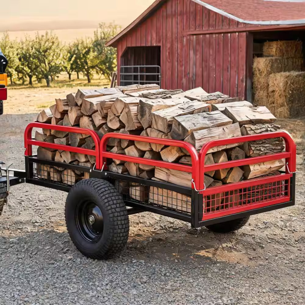 1500 Lb. 15 Cu. Ft. Heavy-Duty Steel Tow-Behind Dump Cart with Removable Sides and Pneumatic Tires, Red