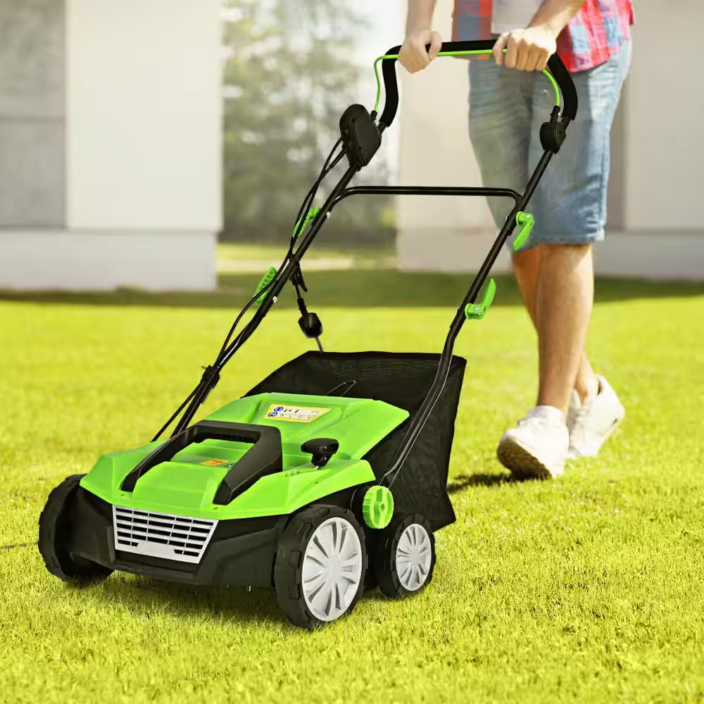 15 In. 13 Amp Corded Electric Lawn Scarifier with 50L Collection Bag and 4-Position Depth in Green