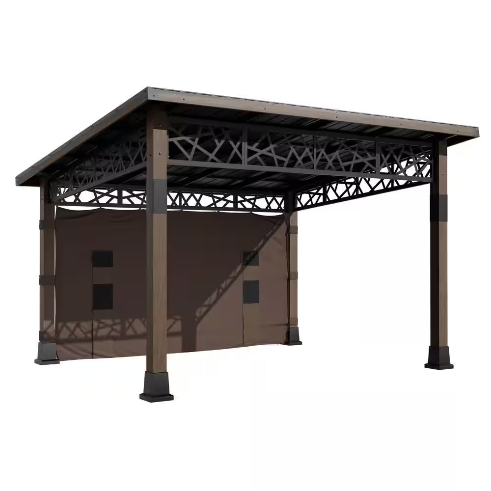 14 Ft. X 12 Ft. Outdoor Wood Frame Patio Hardtop Gazebo with Black Galvanized Steel Roof and Privacy Curtain
