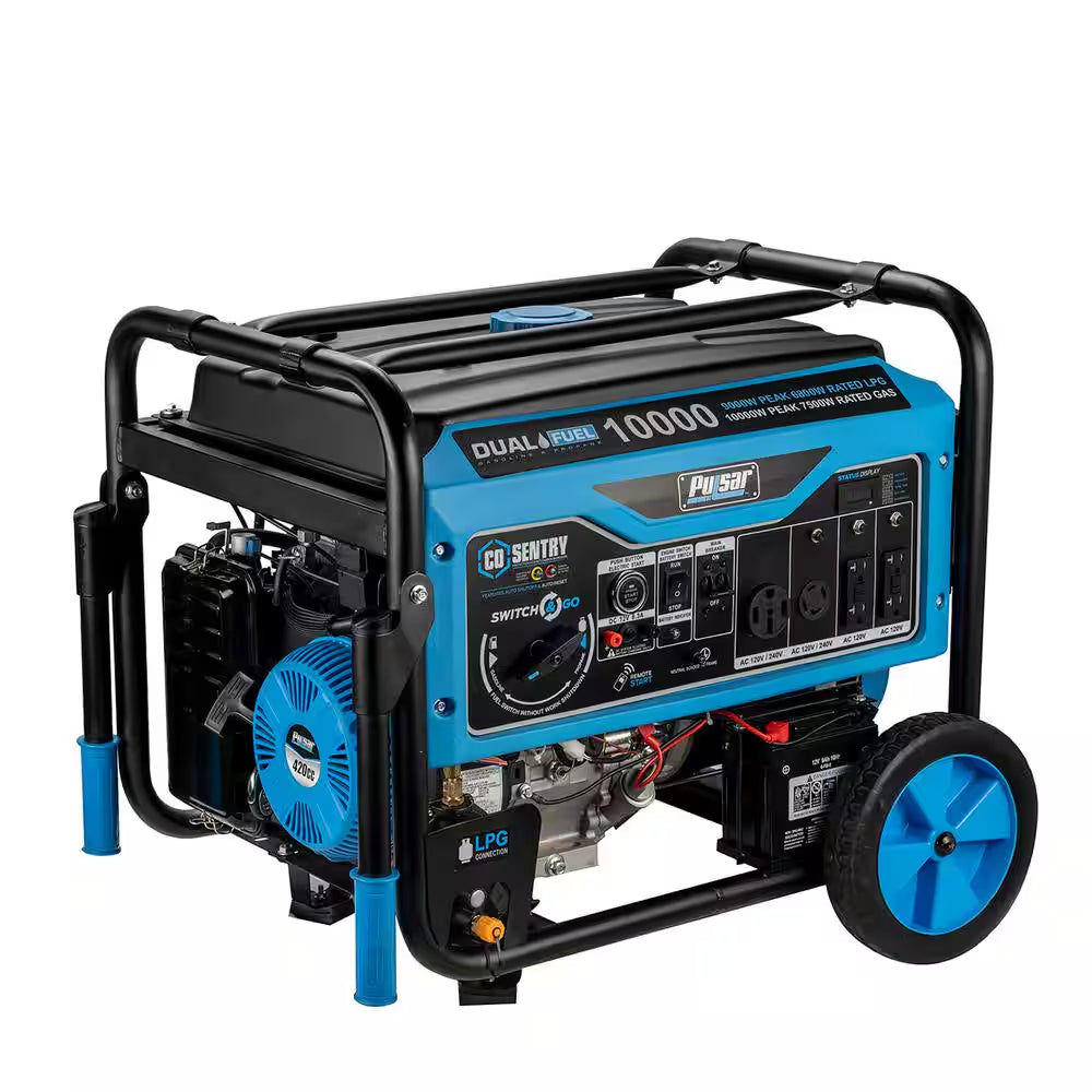 7,750/6,250 -Watt Dual-Fuel Gasoline and Propane with Push to Start Portable Home Power Generator, CO Shutoff