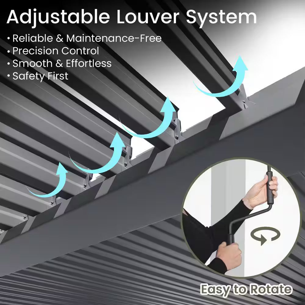 10 Ft. X 13 Ft. Gray Aluminum Louvered Pergola with Steel Roof and Curtains