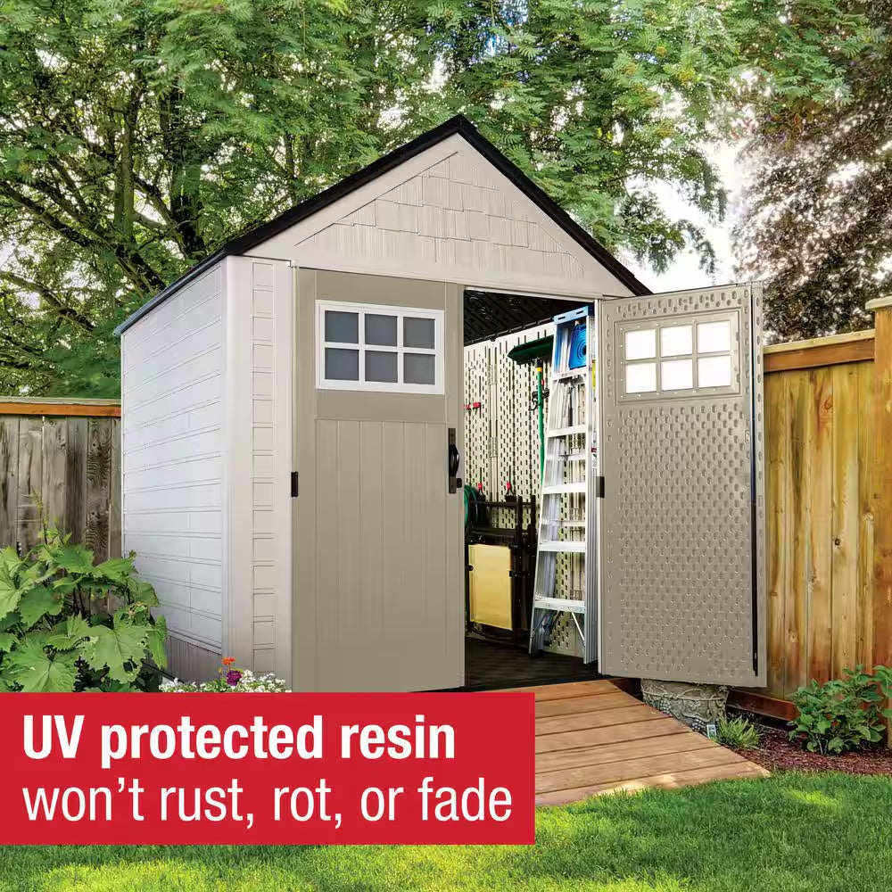 7 Ft. W X 7 Ft. D Durable Weather Resistant Plastic Outdoor Storage Shed, Sand 0.58 Sq. Ft.