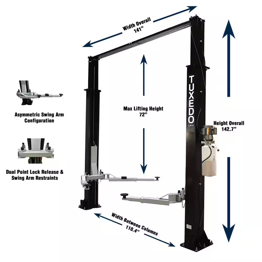 Asymmetric 2 Post Car Lift Clear Floor 9,000 Lbs. Capacity Heavy Duty in Black