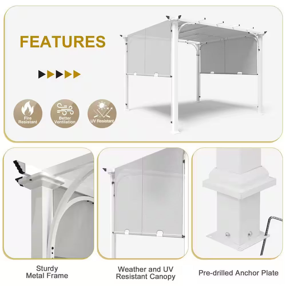 Steel Outdoor Patio Pergola with Retractable 10 Ft. X 10 Ft. Textilene Canopy Shade for Backyard, Garden and Lawn, Gray