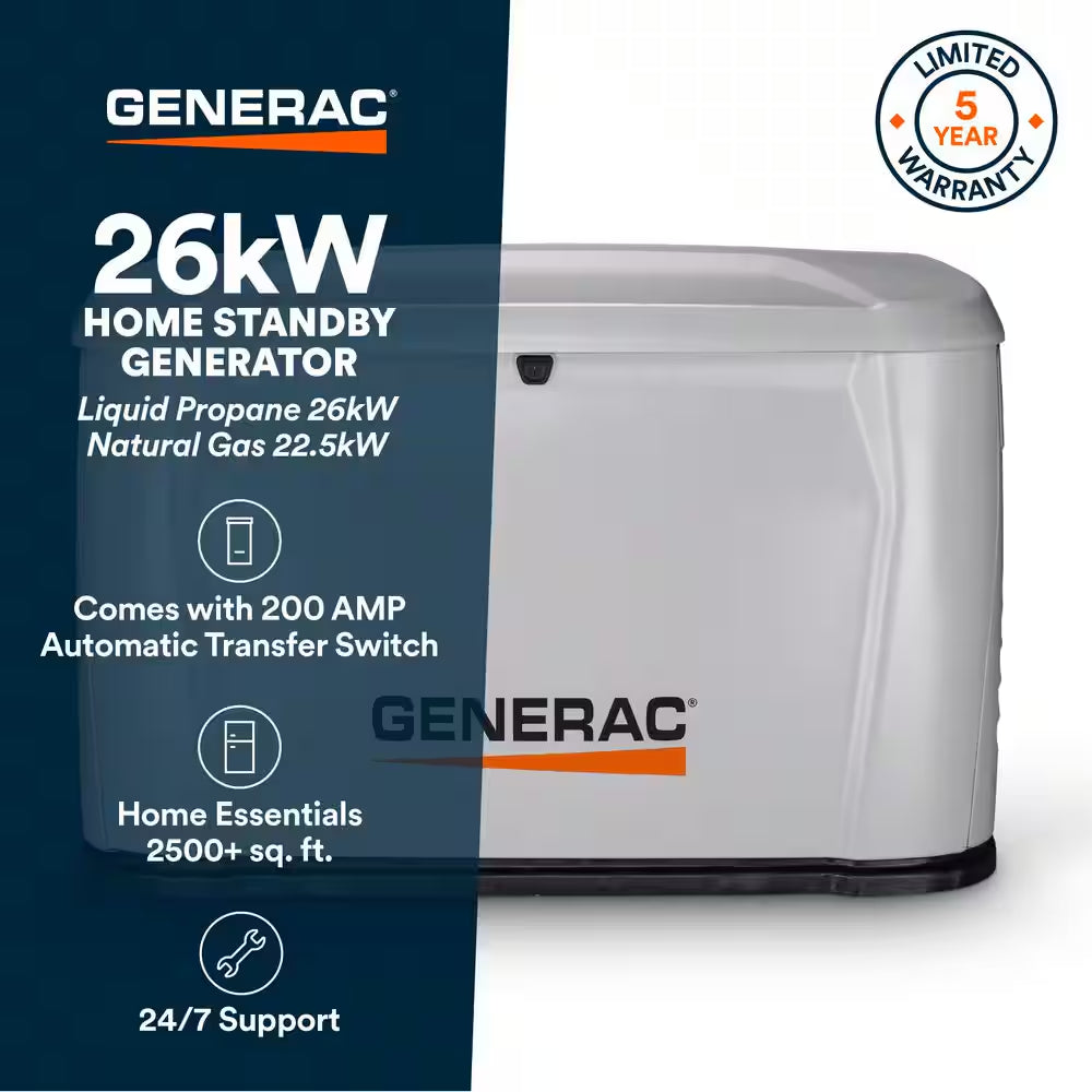 26Kw Air-Cooled Auto Start Natural Gas or Propane Whole House Generator and 200 Amp Transfer Switch W/ Smart Monitoring