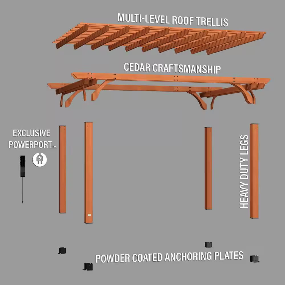 Beaumont 16 Ft. X 12 Ft. Light Brown Traditional Outdoor All Cedar Wood Patio Pergola Shade Structure with Electric