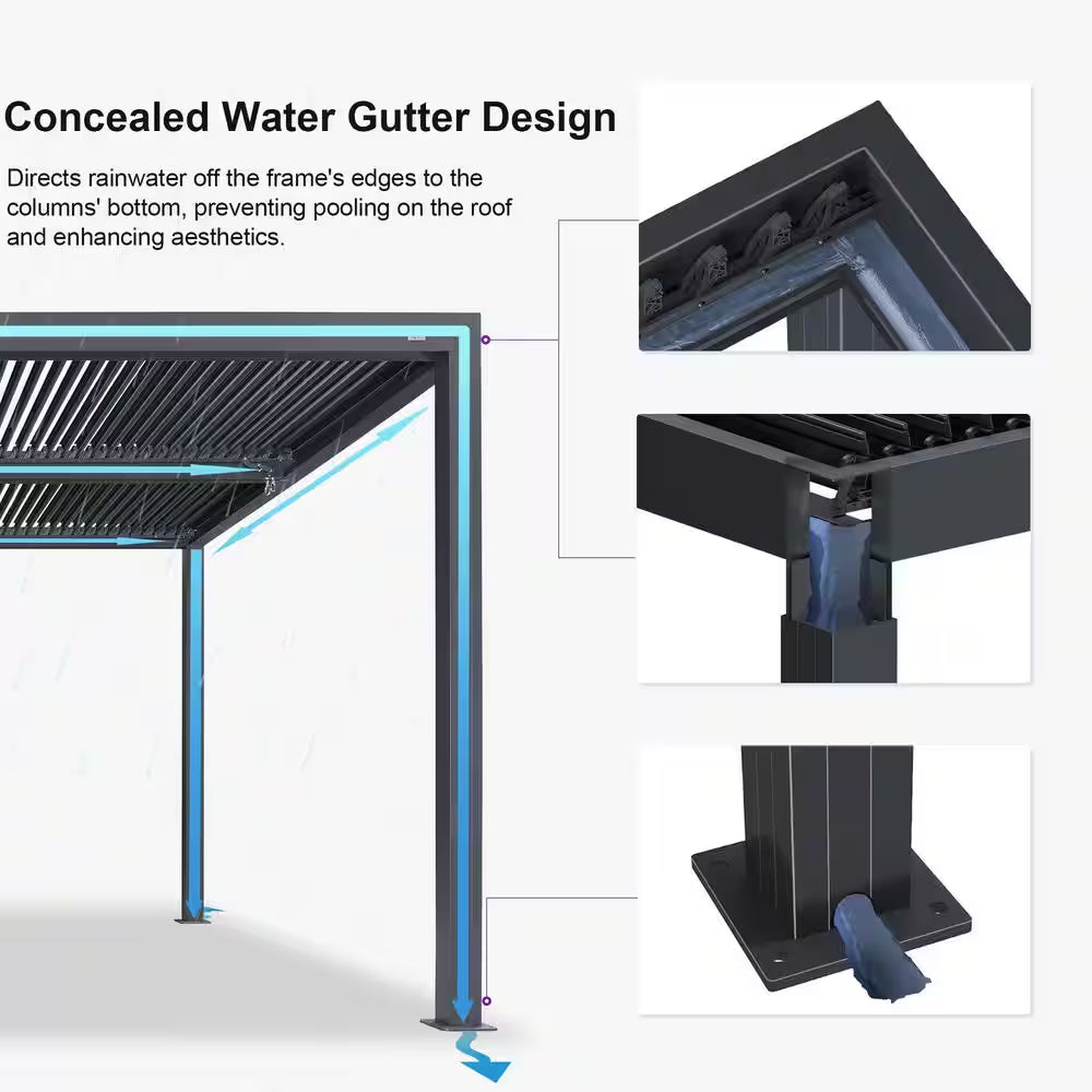 14 Ft. X 20 Ft. Gray Aluminum Frame Outdoor Louvered Pergola Gazebo with Adjustable Sunshade Roof and LED Strip Lights