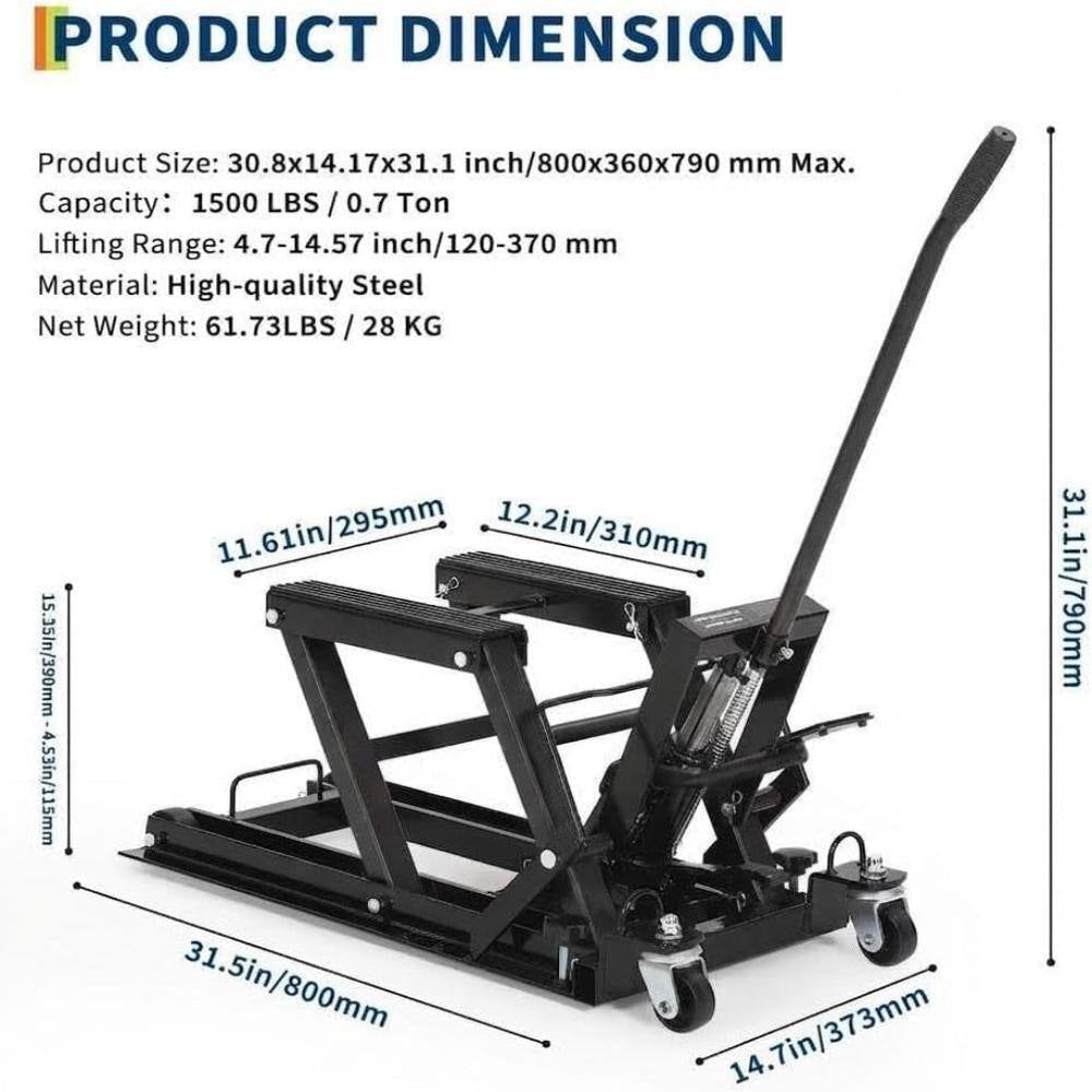 1500 Lbs Hydraulic Motorcycle Scissor Lift Jack, Heavy Duty Adjustable Lift Table with Foot Pedal & Wheels， Black