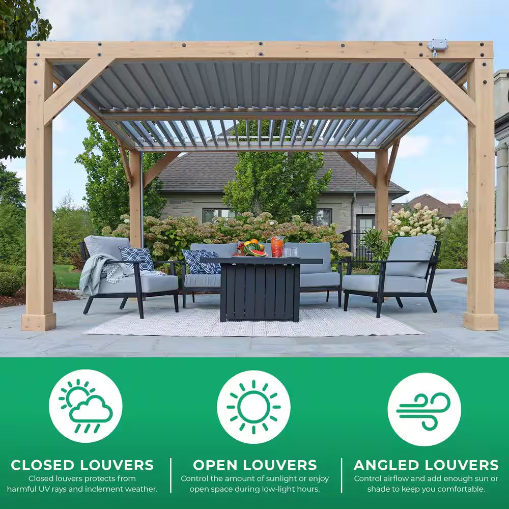 Meridian 10 Ft. X 12 Ft. Premium Cedar Patio Shade Pergola with Gray Louvered Roof Panels and Built-In Gutter System