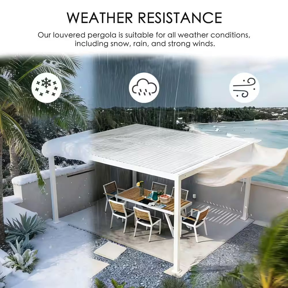 Elizabeth Outdoor 12 Ft. X 14 Ft. White Aluminum Louvered Pergola with Water-Tight Adjustable Rainproof Roof