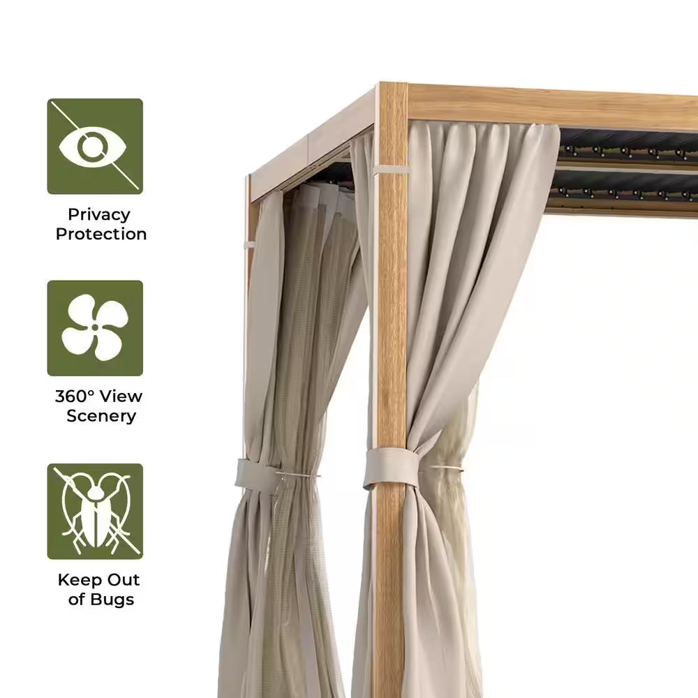 10 Ft. X 13 Ft. Wood Grain Aluminum Louvered Pergola with Adjustable Roof and Khaki Curtains