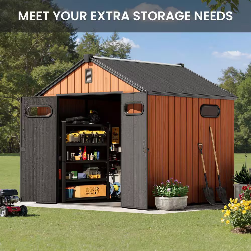 8 Ft. W X 12 Ft. D Outdoor Resin Storage Shed in Brown Plastic Resin Tool Shed with Floor and Lockable Door (96 Sq. Ft.)