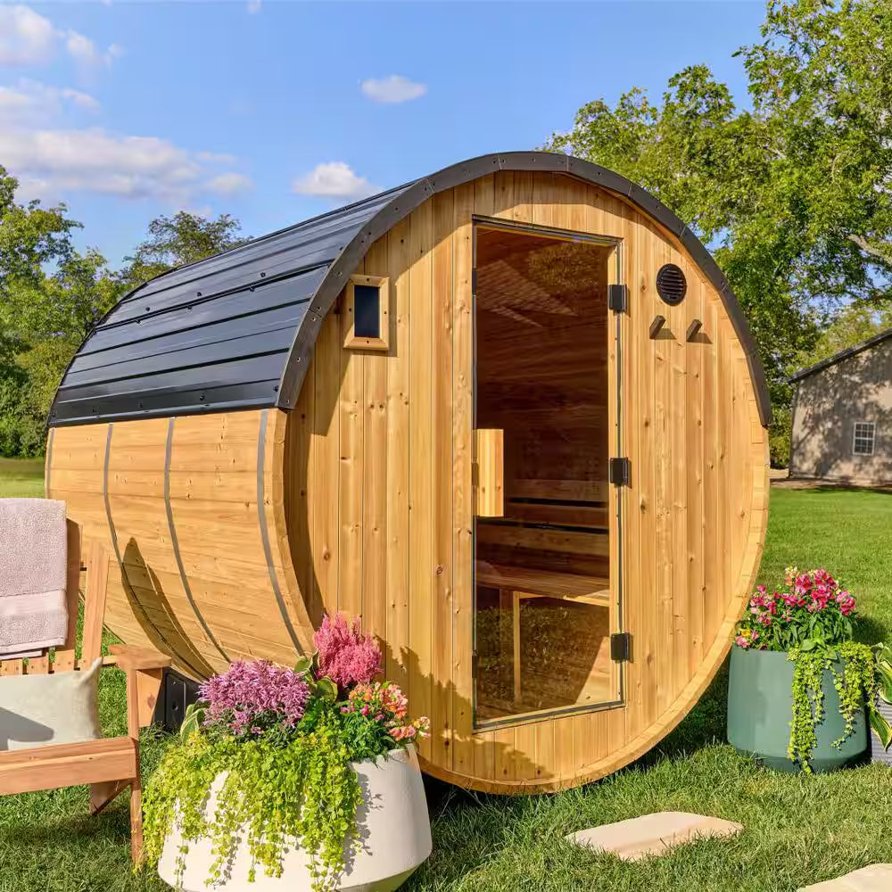 Paxton 6-Person Outdoor Cedar Traditional Wet/Dry Barrel Sauna with 9Kw Electric Heater, Wi-Fi Control, LED Lights