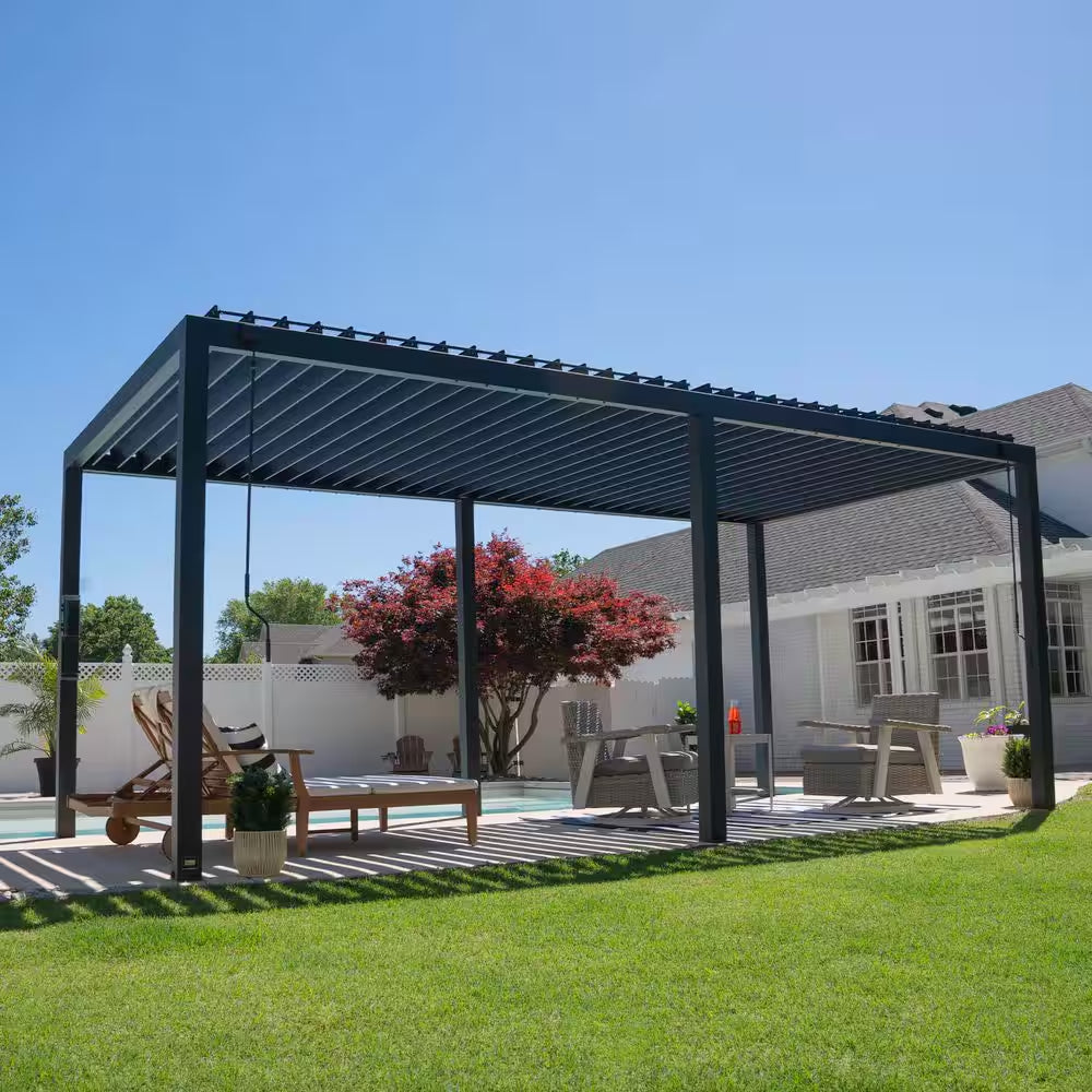 Sarasota 20 Ft. X 10 Ft. Black Powder Coated Steel Louvered Pergola with Integrated Drainage and Gutter Guards