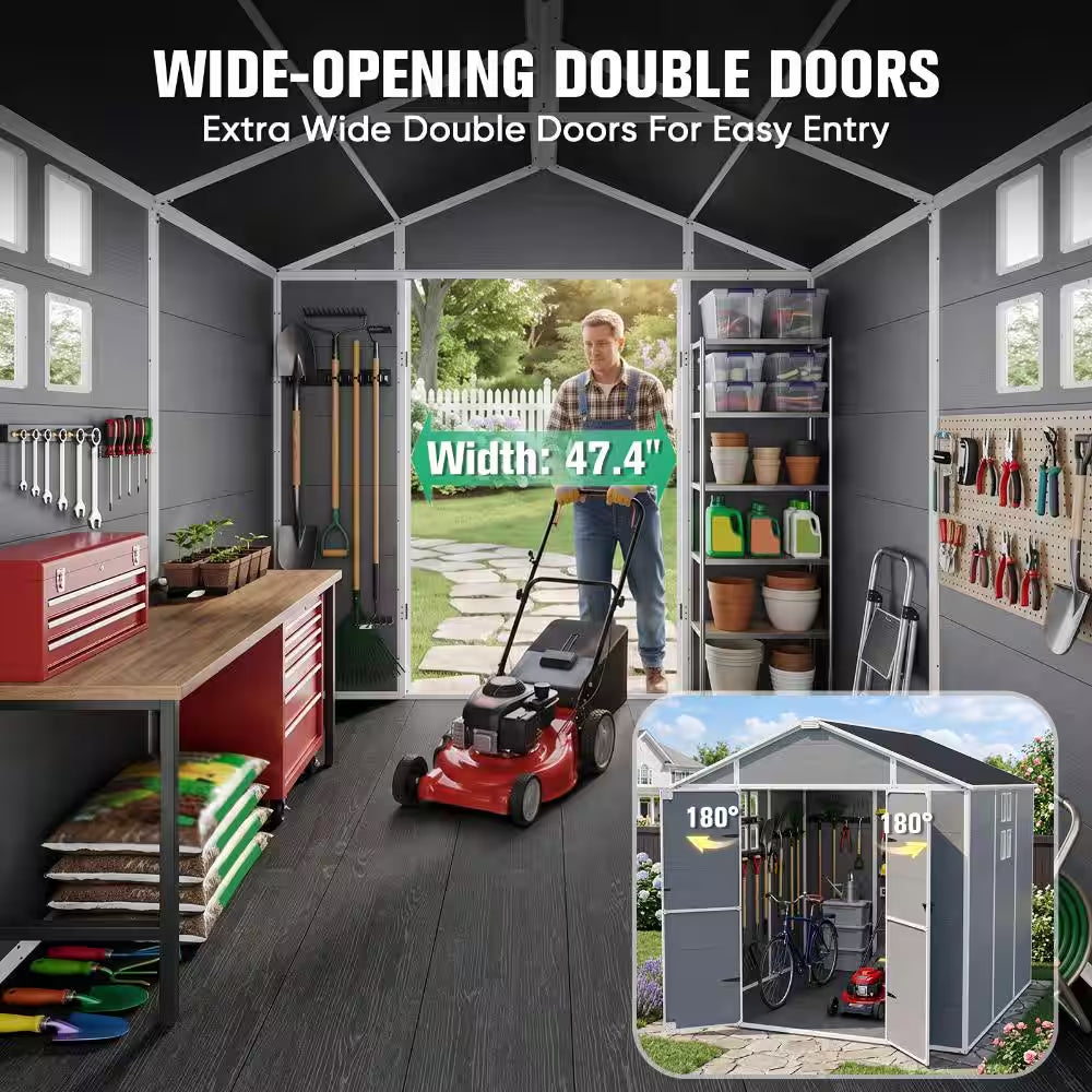 8X6 FT Resin Storage Shed, Outdoor Waterproof Tool Shed with Reinforced Floor, Lockable Door, Window & Vent for Backyard