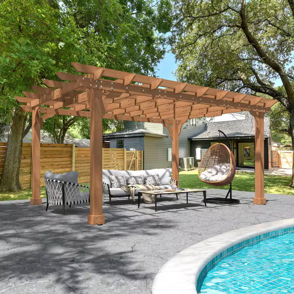 14 Ft. W X 10 Ft. D Brown Cedar Wood Patio Pergola Shade Structure for Outdoor