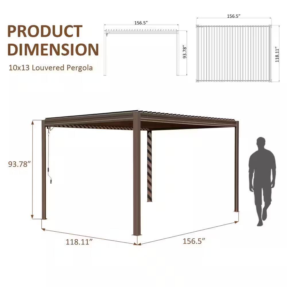 10 Ft. X 13 Ft. Brown Aluminum Metal Louvered Pergola