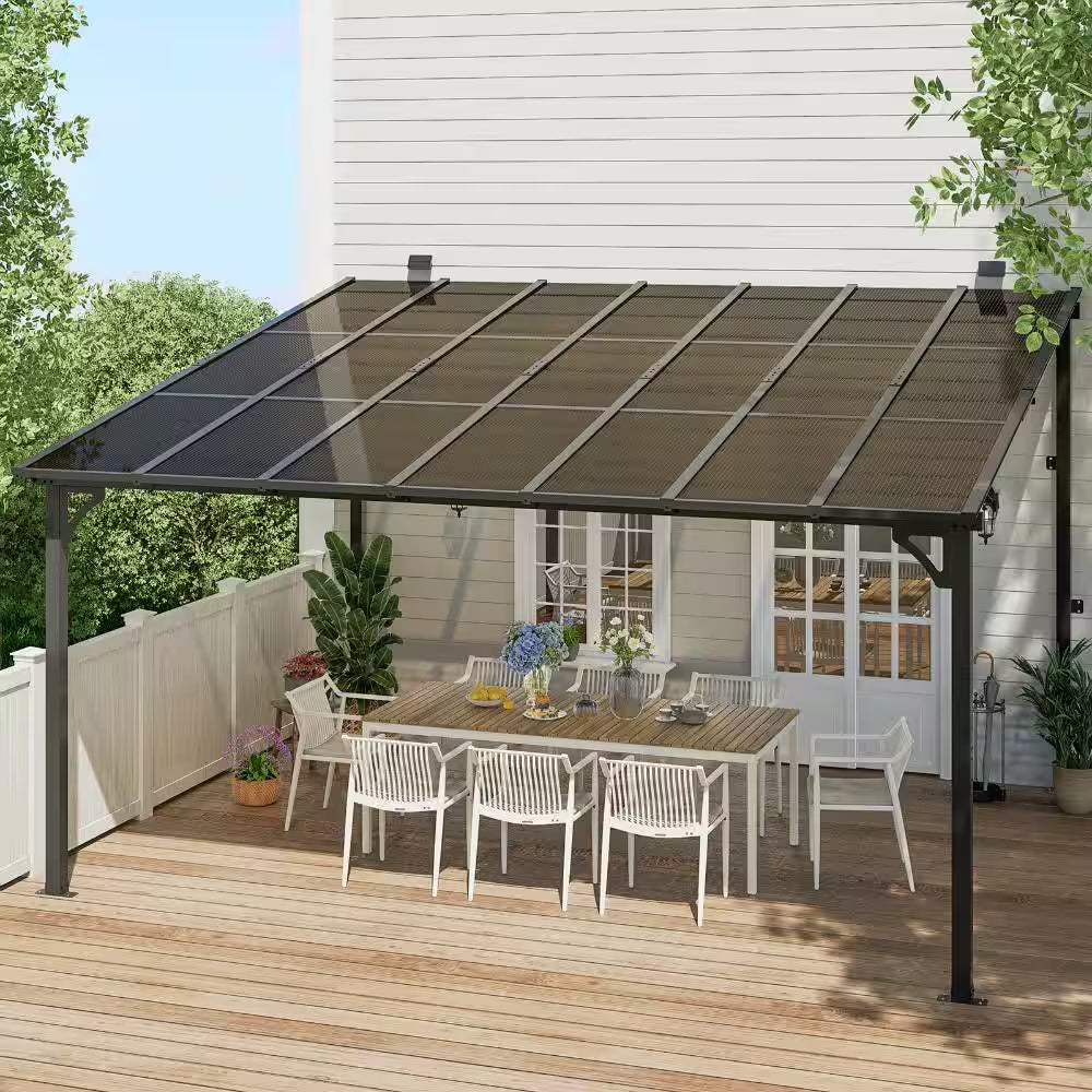 12' X 14' Wall Mounted Gazebo Heavy Duty Metal Pergola with Sloped Roof Lean to Awning for Patio Deck Backyard, Black