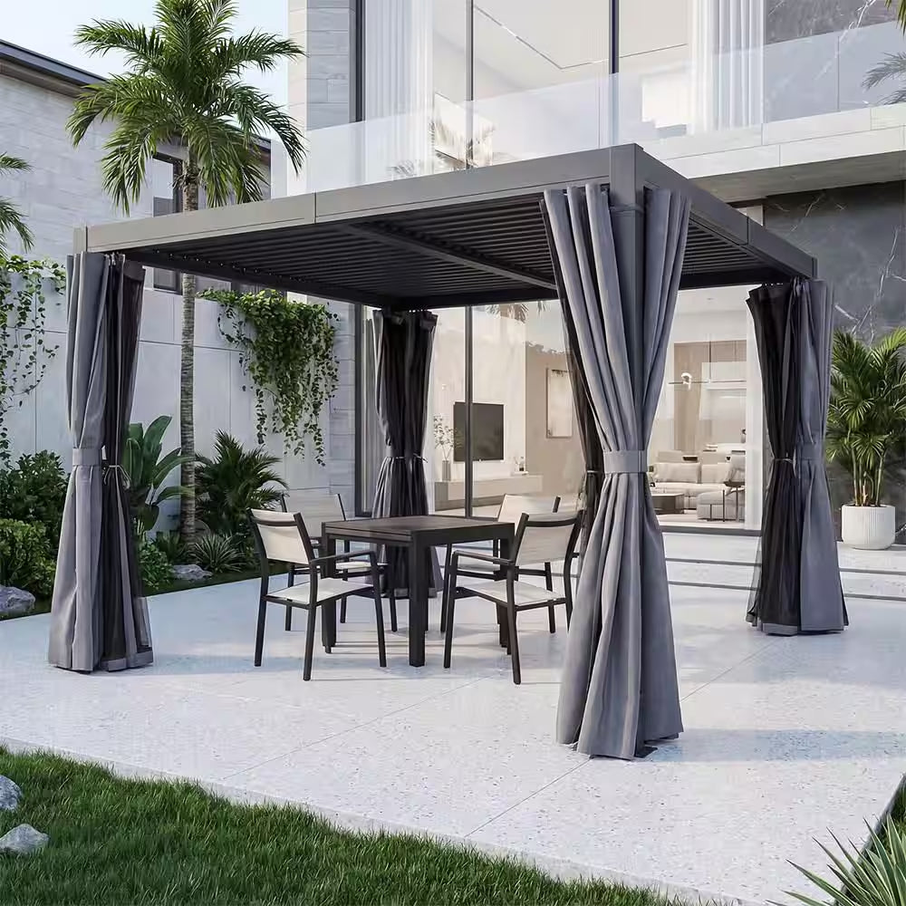 10 Ft. X 10 Ft. Grey All-Aluminum Outdoor Louvered Pergola with Adjustable Roof, Curtains and Netting