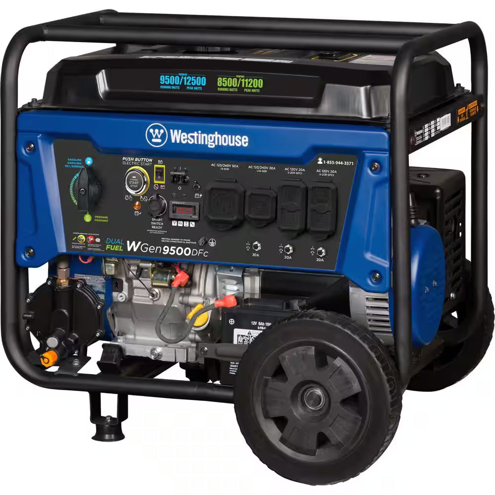 12,500/9,500-Watt Remote Electric Start Dual Fuel Gas and Propane Powered Portable Generator W/ 50 Amp Outlet, CO Sensor