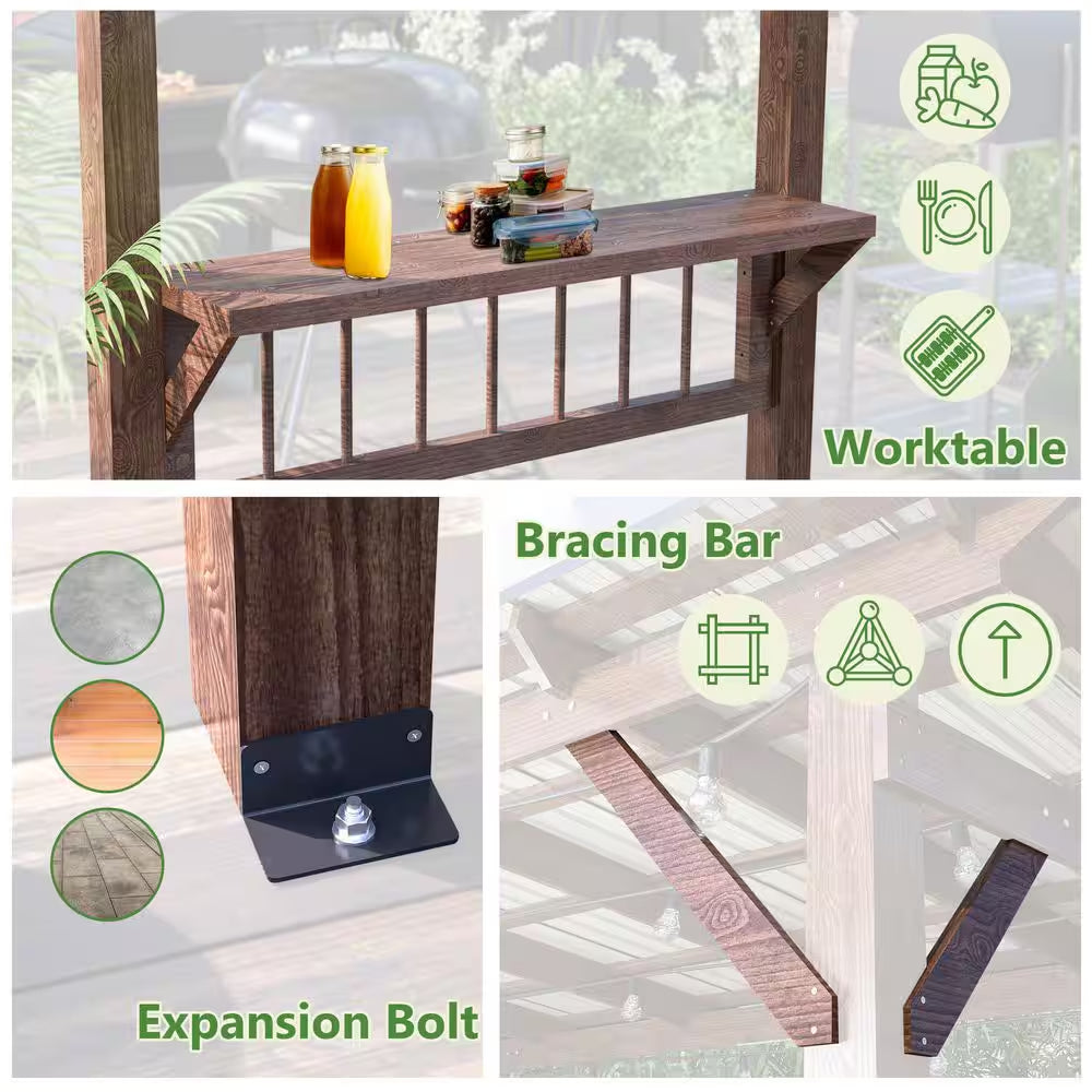 13 Ft. X 6.5 Ft. Brown Wooden Patio Pergola with Metal Roof Outdoor Garden Gazebo