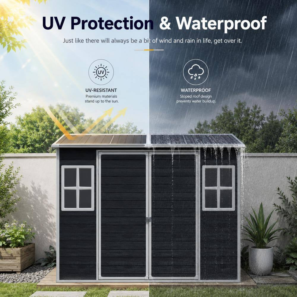 8 Ft. W X 4 Ft. D Black Outdoor Resin Storage Shed with 2 Windows and Floor (31 Sq. Ft.)