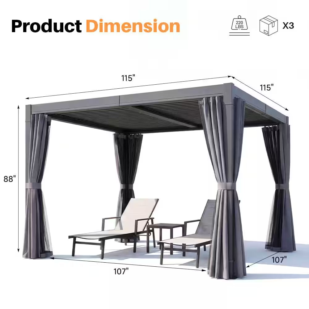 10 Ft. X 10 Ft. Grey All-Aluminum Outdoor Louvered Pergola with Adjustable Roof, Curtains and Netting