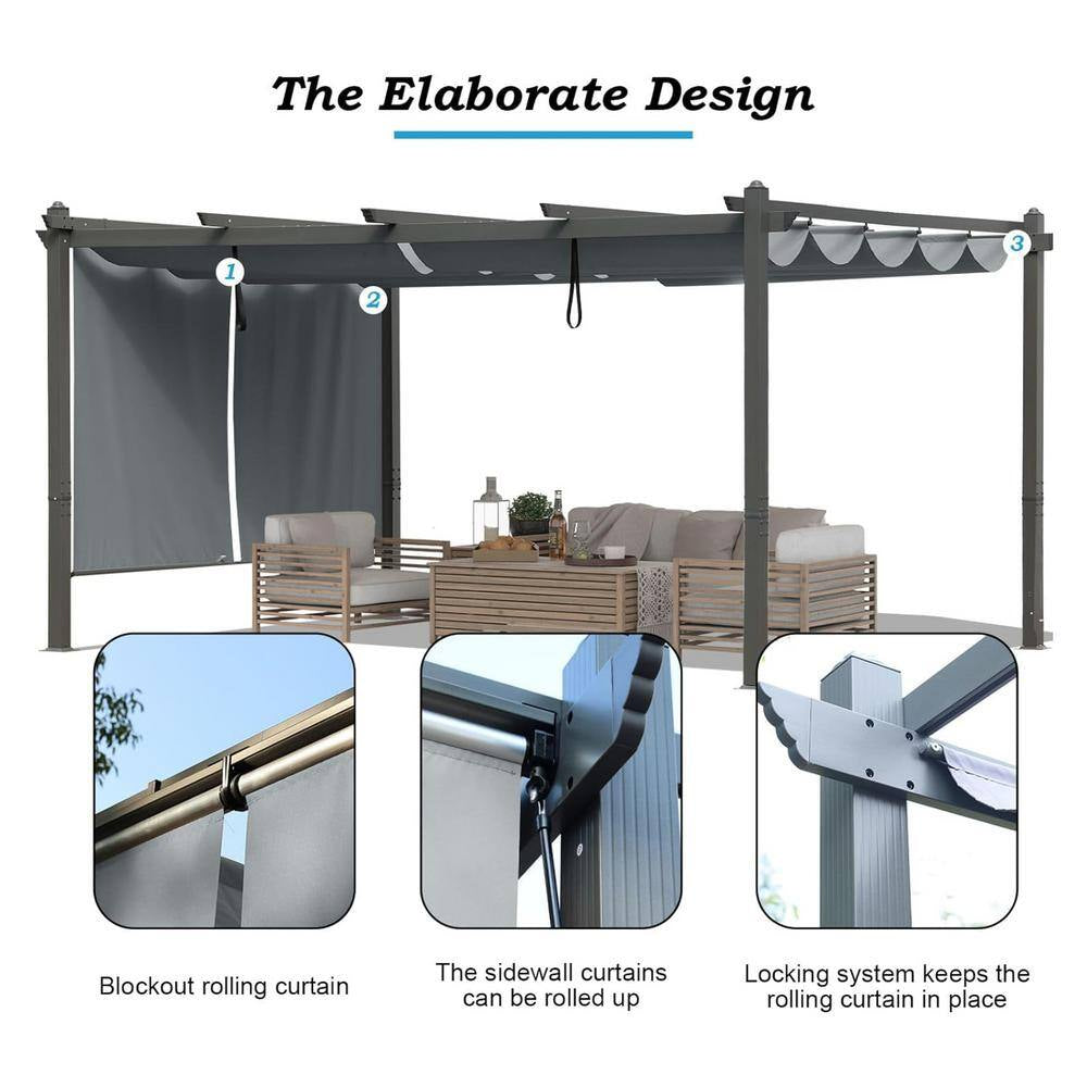 14 Ft. X 12 Ft. Gray Aluminum Frame Patio Pergola with Gray Retractable Shade Top Canopy and 2-Pieces Roller Shade