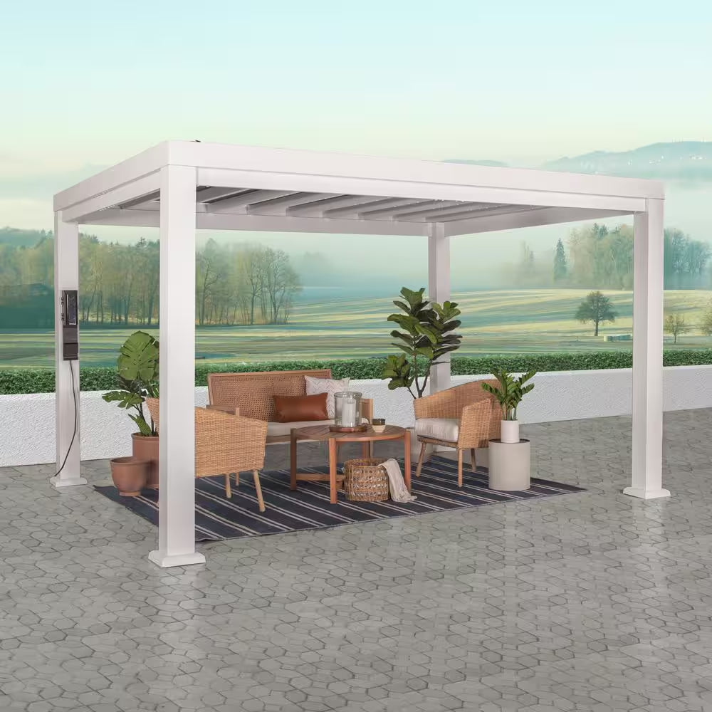 Windham 14 Ft. X 10 Ft. White Powder Coated Galvanized Steel Metal Modern Pergola W/ Sail Shade Soft Canopy and Electric