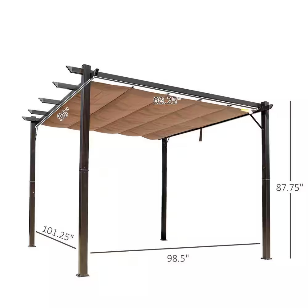 10 Ft. X 10 Ft. Aluminum Frame Brown Outdoor Retractable Pergola Canopy Grill Gazebo for Porch Party, Garden, Balcony