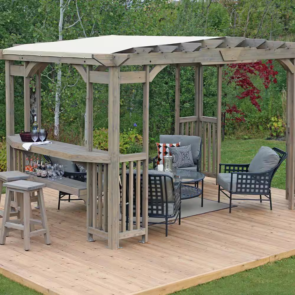 Madison 10 Ft. X 14 Ft. Timber Gray Cedar Wood Backyard Patio Pergola Including UV Sun Shade, Counter and Serving Bar