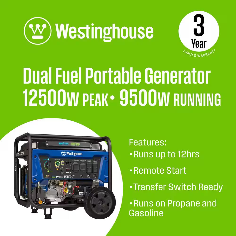 12,500/9,500-Watt Remote Electric Start Dual Fuel Gas and Propane Powered Portable Generator W/ 50 Amp Outlet, CO Sensor