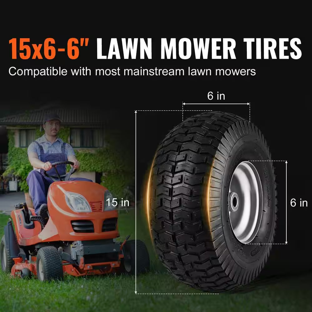 Lawn Mower Tires 15X6-6 in 2-Pack Turf Pneumatic 3 in Centered Hub 3/4 in Bushing 16 Adapters 400 Lb/Wheel