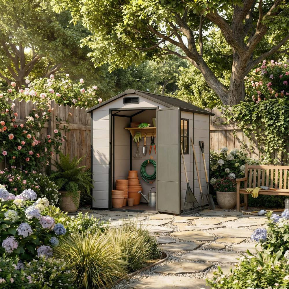 4X6 Ft Plastic Outdoor Storage Shed Weatherproof Resin Garden House with Floor, Lockable Door, and Window