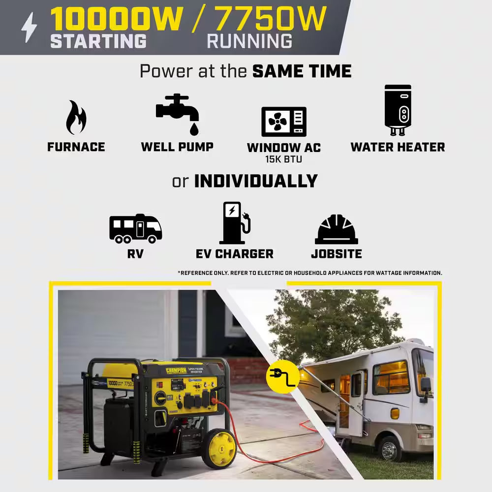 10,000/7,750-Watt Electric Start Gas Open Frame Inverter Generator, Free 3-Year Warranty for Home Backup