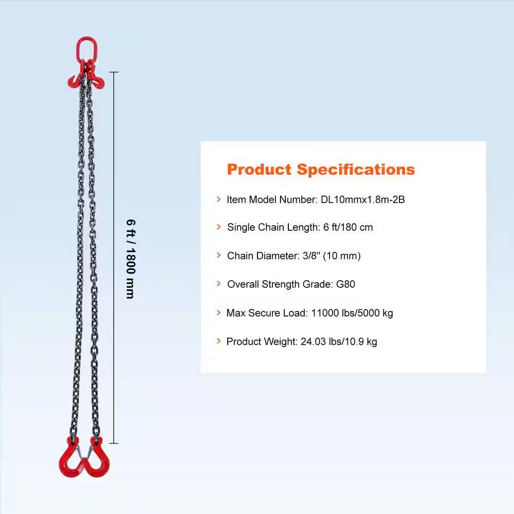 Chain Sling, 3/8 In. X 10 Ft. Lifting Chains with Hooks, G80 Engine Chain Hoist Lifts, 18400 Lbs. Lifting Sling Chains
