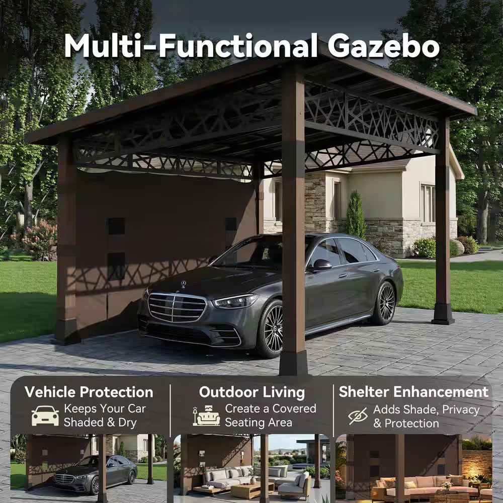 14 Ft. X 12 Ft. Outdoor Wood Frame Patio Hardtop Gazebo with Black Galvanized Steel Roof and Privacy Curtain
