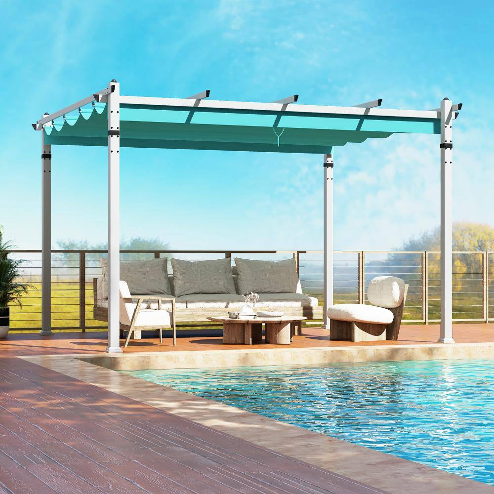 12 Ft. X 10 Ft. Aluminum Patio Pergola with Retractable Polyester Canopy and Locking Hooks, Turquoise