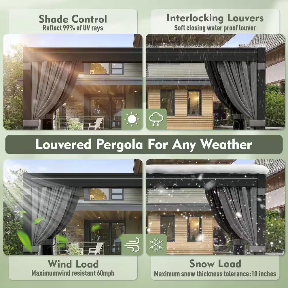 10 Ft. X 12 Ft. Steel Outdoor Louvered Pergola with Nettings,Curtains,Water-Tight Adjustable Roof