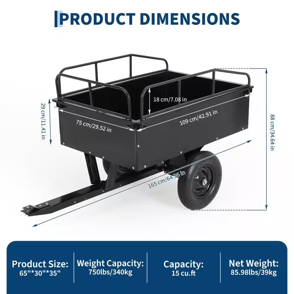15 Cu. Ft. 750 Lb. Tow-Behind Steel Dump Cart with Removable Sides for Lawn Tractors and Atvs, Black