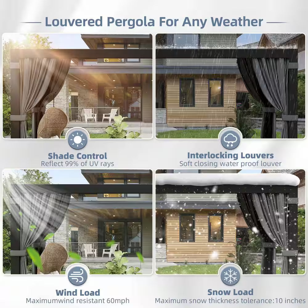 12 Ft. X 16 Ft. Black Aluminum Outdoor Louvered Pergola with Nettings and Curtains