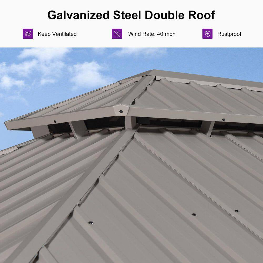 12 Ft. X 16 Ft. Champagne Aluminum Hardtop Gazebo Canopy with Galvanized Steel Double Roof, Curtains and Netting